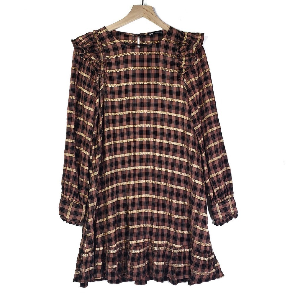 Zara Ruffle Shift Dress‎ L Brown Black Metallic Gold Plaid Holiday